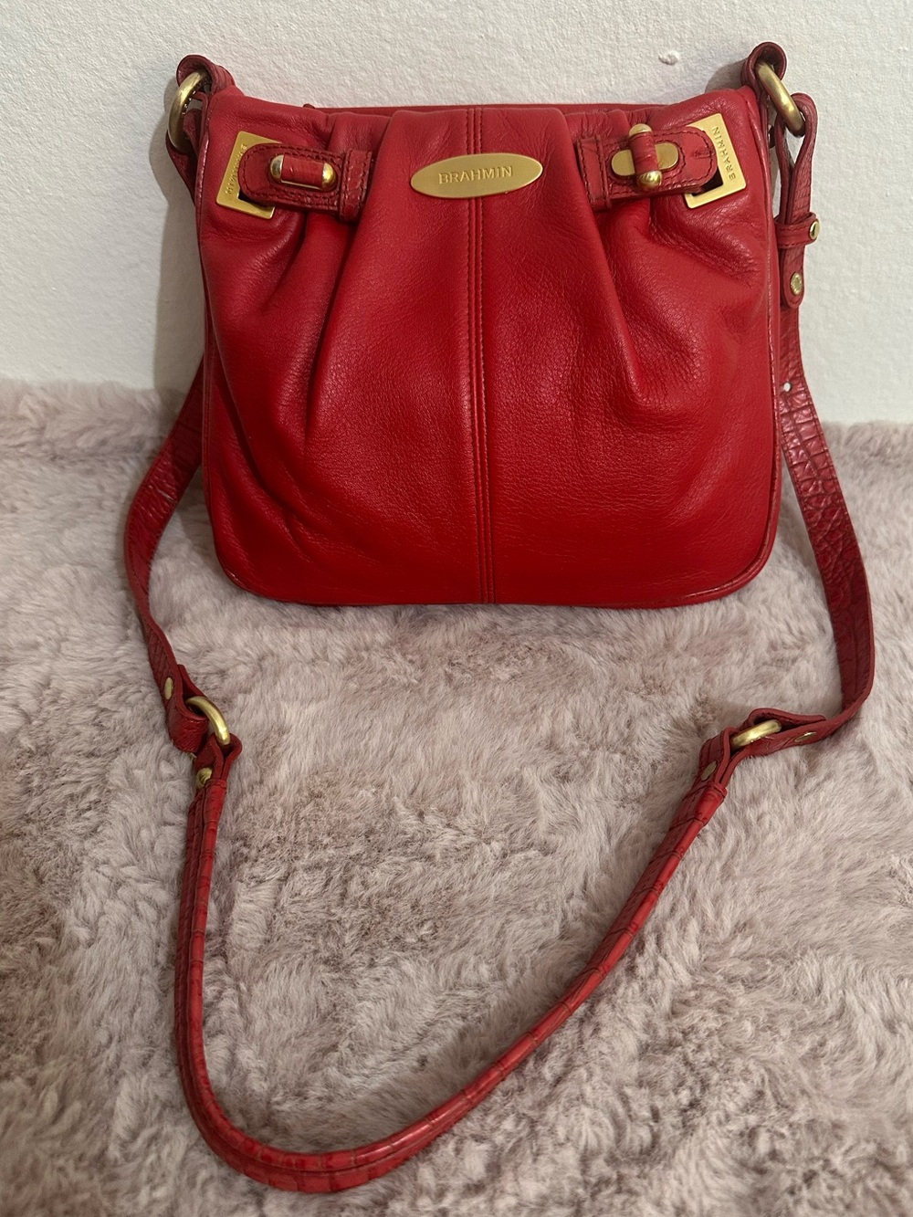 Brahmin Red Leather Shoulder Crossbody with Gold Hardware